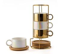 LUKA Porcelain Espresso Cup with Saucers and Metal Stand - 6 Ounce Stackable Ceramic Demitasse Espresso Mugs Cappuccino Cups Set for Latte, Coffee, Cafe Mocha, Tea - Set of 4,Shimmer Golden