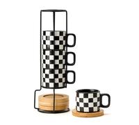 LUKA Porcelain Stackable Black and White Checkered Espresso Cups with Saucers and Metal Stand, 4 Ounce Small Ceramic Demitasse Cups Set for Coffee Drinks, Latte, Tea - Set of 4, Black Interior