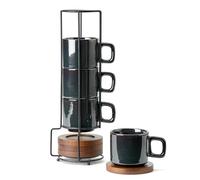 LUKA Porcelain Stackable Espresso Cups with Saucers and Metal Stand, 4 Ounce Small Ceramic Demitasse Cups Set for Latte, Specialty Coffee Drinks, Cafe Mocha,Tea - Set of 4, Reactive Dark Green