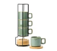 LUKA Porcelain Stackable Espresso Cups with Saucers and Metal Stand, 4 Ounce Small Ceramic Demitasse Cups Set for Latte, Specialty Coffee Drinks, Cafe Mocha,Tea - Set of 4, Wild Sage Earth