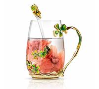 Luka Tech four-leaf clover flower Glass Coffee Mugs Tea Cup with Spoon, Unique Gifts For Women Wife Mom Friends Birthday Mothers Valentines Day Christmas (Green)