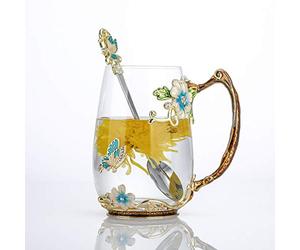 Luka Tech Handmade Enamel Butterfly Flower Glass Coffee Mugs Tea Cup with Spoon,Best Birthday Gifts for Her Women Mum Friends Mothers Day