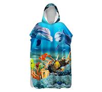 Lukery Changing Robe Towel Poncho Hooded for Kids Adults, Ocean Printed Absorbent Large Poncho Quick Dry Microfibre Surf Poncho for Surfing Swimming Wetsuit Beach Changing (75x100cm,Dolphin)