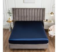 Lukery King Size Fitted Sheets Satin Silk, All Around Breathable Fitted Sheet Bottom 30cm Deep Pocket, Silky Elastic bedsheets for Single Small Double Superking (navy blue,150x200+30cm)