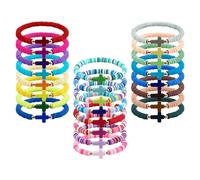 Lukiisoo 24 Pcs Cross Bracelets Bulk for Women Men Religious Bracelets Handmade Elastic Stackable Stretch Colorful Polymer Clay Beaded Bracelet Faith Wristbands