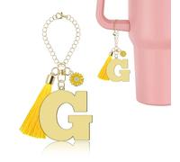 Lukiisoo Letter Charm Accessories for Stanley Cup, Cute Initial Keychain Handle Charm with Sunflower for Tumbler, Golden Monogram Tassel Key Chain(Letter G), M
