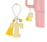 Lukiisoo Letter Charm Accessories for Stanley Cup, Cute Initial Keychain Handle Charm with Sunflower for Tumbler, Golden Monogram Tassel Key Chain(Letter T), M
