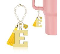 Lukiisoo Letter Charm Accessories for Stanley Cup, Cute Initial Keychain Handle Charm with Sunflower for Tumbler, Golden Monogram Tassel Key Chain(Letter E), M