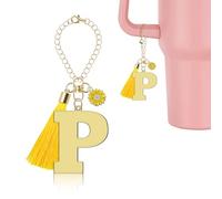 Lukiisoo Letter Charm Accessories for Stanley Cup, Cute Initial Keychain Handle Charm with Sunflower for Tumbler, Golden Monogram Tassel Key Chain(Letter P), M