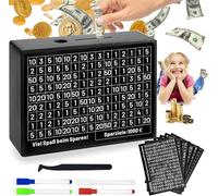 Lukinuo Cash Saver Box Wooden Money Saving Box Black One Piece Cash Vault with 10000 5000 3000 2000 1000 500 Money Saving Target Wooden Cash Vault with Counter Reusable Money Box for Boys Girls