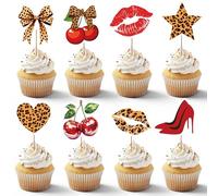 Lukinuo Cheetah Cherry Cupcake Toppers 24pcs Leopard Cherries Cake Toppers With Red Lips High Heel Cupcake Decorations Cheetah Cherry Birthday Party Dessert Decorations for Girls Night