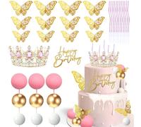 Lukinuo Queen Crown Cake Topper 35pcs Corona Para Pastel Pink Princess Cake Decorations Princess Crown Happy Birthday Cake Toppers Pink Gold Balls Butterflies Cake Decorations Crystal Tiara Cake Decor