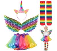 LUKIUP Children's Unicorn Costume Set with Colourful Skirt, Colourful Wings, Colourful Unicorn Headband and Colourful Socks, for Unicorn Cosplay, Children's Birthday Party, Carnival, Pack of 4