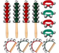 Lukmaa 12 PCS Christmas Hand Jingle Bells Wooden Handle Bells Wrist Band Shaking Bells Stick Musical Percussion Instrument Bells for Xmas Holiday Music Enlightenment Birthday Party Favors(Red, Green)