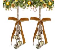 Lukmaa 2 Pcs Christmas Cow Bells with Bow Rustic Large Hanging Bells Vintage Metal Christmas Bells Handmade Gold Bells on Rope Antique Decorative Bells for Door Wreath Tree Ornaments Wall Decor