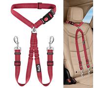 Lukovee Double Dog Seat Belt, New Dual Pet Car Headrest Restraint Safety Seatbelt No Tangle Dog Leash Duty Adjust Elastic Bungee Puppy Lead Splitter Connect Harness in Vehicle Travel for 2 Dogs (Red)