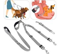Lukovee Double Dog Seatbelt with Leash Set, Dual Detachable Pet Car Seatbelt and Pet Lead for Two Dogs Safety Adjustable Elastic Reflective Stripe