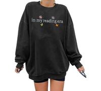 LUKYCILD Book Lover Sweatshirt Women in My Reading Era Embroidered Shirts Bow Graphic Bookish Sweater Teacher Gifts Top, Gray, XL