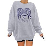 LUKYCILD Game Day Sweatshirt Football Shirt: Women Sunday Funday Football Season Long Sleeve Shirt Soccer Fans Pullover, Grey, XL