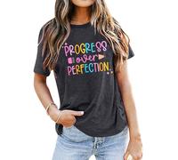 LUKYCILD Teacher Shirt Women First Day of School Shirts Progress Over Perfection Tee Casual Teacher Life Short Sleeve T-Shirt, Dark Grey, L