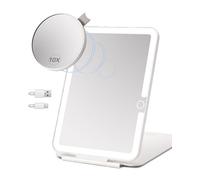 LUKYMIRO Rechargeable Travel Makeup Mirror with Light,7x5 inches Portable Lighted Vanity Mirror with Small 10X Magnifying, LED 3 Color Dimmable, Tabletop Folding Compact Mirror
