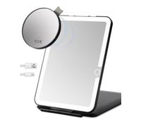 LUKYMIRO Travel Mirror with Light,7x5 Rechargeable Portable Lighted Makeup Mirror,with Small 10X Magnifying,3 Color Lighting Adjust Brightness,Folding LED Mirror for Home,Office,Travel (ShiningBlack)