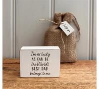 Lula Design I'm as lucky as can be, the worlds best DAD belongs to me, Wooden Gratitude Block with Hessian Gift Pouch 7x5cm - Dad, Fathers Day Gift