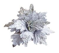 lulalula 6 Pcs Large Glitter Poinsettia Christmas Tree Ornament Silver Poinsettia Bouquet Stem Bush, Xmas Faux Glitter Poinsettia Picks for Craft DIY for Wedding Xmas Tree Wreaths Decor Ornament