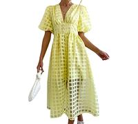 LULAND Square Patterned Fabric Dress with Puff Sleeves, Summer Dress with Deep V Neck for Women