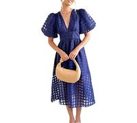 LULAND Square Patterned Fabric Puff Sleeve Dress,Women's Summer Deep V Neck Dress,Ladies Puff Sleeves Casual (Blue,Medium)