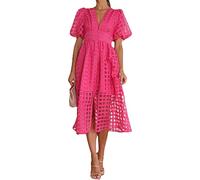 LULAND Square Patterned Fabric Puff Sleeve Dress,Women's Summer Deep V Neck Dress,Ladies Puff Sleeves Casual (Rose,X-Large)