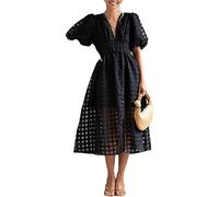 LULAND Square Patterned Fabric Puff Sleeve Dress,Women's Summer Deep V Neck Dress,Ladies Puff Sleeves Casual (Black,Large)