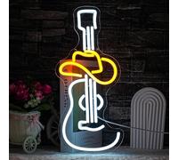 LULANMP Guitar Neon Sign, Cowboy Hat Design, 16.9" x 7.4", Plastic, Art, Indoor, Wall Mount, DC Power Supply