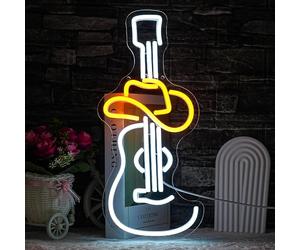 LULANMP Guitar Neon Sign, Cowboy Hat Design, 16.9" x 7.4", Plastic, Art, Indoor, Wall Mount, DC Power Supply