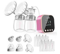 Lulia 【2023 Upgraded Model 】Double Electric Breast Pump Portable Strong Suction Pain Free Breastfeeding Pump with 2 Sizes of Flange 4 Modes & 9 Levels Milk Ultra-Quiet Rechargeable Travel&Home, Pink