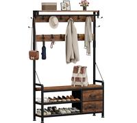 Lulive Coat Rack, 39.4” Hall Tree with Shoe Storage Bench, Rustic Brown | 5 in 1 Entryway Furniture Organizer, 21 Hooks, 2 Fabric Drawers, Handy Clothes Rail