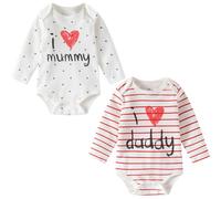 Lullaby Layers Baby Bodysuits 2 Pack - I Love Mummy & Daddy Long Sleeve Cotton Rompers - Unisex Baby Girl & Boy Outfits (White, 6-9 Months)
