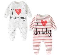 Lullaby Layers Unisex Baby Sleepsuits 2 Pack - I Love Mummy & Daddy Cotton Footed Rompers - Newborn to 24 Months Baby Bodysuits for Boys and Girls (White, 6-9 Months)