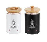 LuLobtg 2pcs Garlic Keeper Fresh Keeping Garlic Storage Box with Wood Lid Ginger Canister Container 11x11x13.2cm Large Capacity Kitchen Saver for Countertop, Cabinet(black+white)