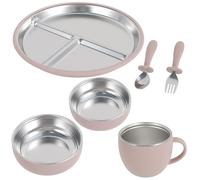 LuLobtg 6 Pack Stainless Steel Baby Weaning Set, Non-Slip Kid Suction Plate/Bowls/Children's Spoon and Fork/Drinking Cup with Silicone Sleeve Base, Non-Toxic, BPA-Free for Toddlers & Newborn(Pink)