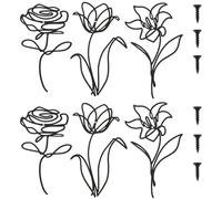 LuLobtg 6Pcs Metal Flower Wall Art Decoration, Wire Iron Rose Floral Wall Sculpture Decor, Black Flowers Hanging Decors for Patio Living Room Bathroom Dining Room Housewarming Gift