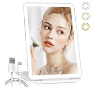 LuLobtg Foldable Makeup Mirror, Tabletop Cosmetic Mirror with 80 LED Lights, 3 Color Modes, Adjustable Brightness, USB Rechargeable, Touch Screen, Portable Light up Mirrors for Travel Home