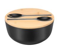 LuLobtg Salad Bowl Bamboo Mixing Bowls with Grooved Lid, 25cm Wooden Food Serving Container with Spoon and Fork for Fruits Pasta Snacks(Black)
