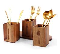 LuLobtg Wooden Cutlery Rack, 3 Compartments Utensil Caddy with Wood Trays, Silverware Storage Holder Countertop, Kitchen Cutlery Organiser Container for Knife, Fork and Spoon(Dark Brown)