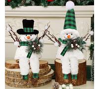 Lulu Home Christmas Snowman Decorations, Set of 2 Plush Shelf Sitters with Dangling Legs, Black & Green Checked Snowman Ornaments for Table Mantel Desk Fireplace Home Holiday Decor