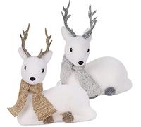 Lulu Home Christmas Tabletop Ornaments, Set of 2 Flocking White Lying Reindeer Figurines with Glittered Antler and Feet, Xmas Holiday Winter Mantle Shelf Centerpieces Decoration, Golden & Silver