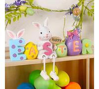 Lulu Home Easter Tabletop Ornament, 8.3" L x 5.9" H x 2" W Resin Bunny Shelf Sitter with Dangling Legs, Adorable Happy Easter Rabbit Statue with Easter Eggs for Spring Indoor Decorations
