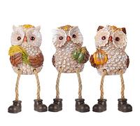 Lulu Home Thanksgiving Figurines, Set of 3 Resin Owl Shelf Sitters with Dangling Legs, Wheat Maize Pumpkin Harvest Sculpture for Window Sill Kitchen Tabletop Autumn Home Decor
