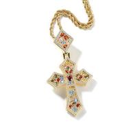 Lulu Mel Iced Out Colorful Rhomboic Cross Pendant Necklace, Trendy White Gold Hip Hop Cubic Zirconia Oval Diamond Cross Pendant Faith Jesus Necklace Gift, Large, Cubic Zirconia, Cubic Zirconia