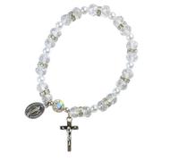 lulucross Crystal Pearl Catholic Bracelet for Women Girls, Clear Bead Stretch Rosary Style Bracelet with Crucifix & Miraculous Medal, Religious Jewelry Gift for Confirmation & First Communion